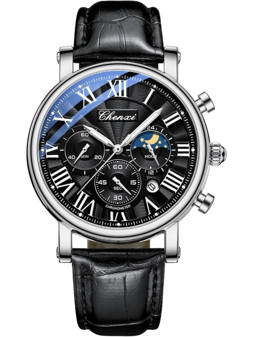 Men's Silver And Black Leather Multifunctional Military Analog Chronograph Watch